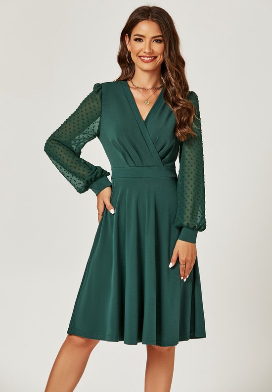Robe midi longue plissée à manches en mousseline vert foncé