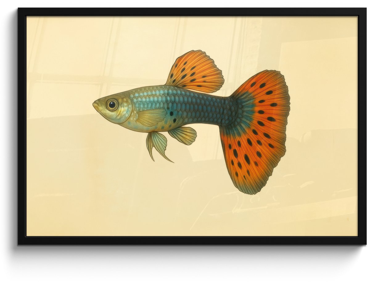 FrameYourWall Poster in lijst - Fotolijst 90x60 cm - Posters - Vis - illustratie - Stippen - Oranje - Posterlijst zwart - Decoratie - Wanddecoratie woonkamer - Muurdecoratie slaapkamer