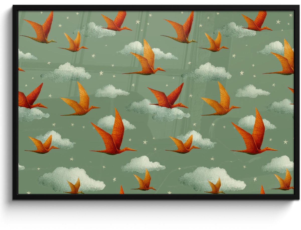 FrameYourWall Poster in lijst - Fotolijst 120x80 cm - Posters - Dinosaurussen - Wolken - Sterren - Oranje - Posterlijst zwart - Decoratie - Wanddecoratie woonkamer - Muurdecoratie slaapkamer