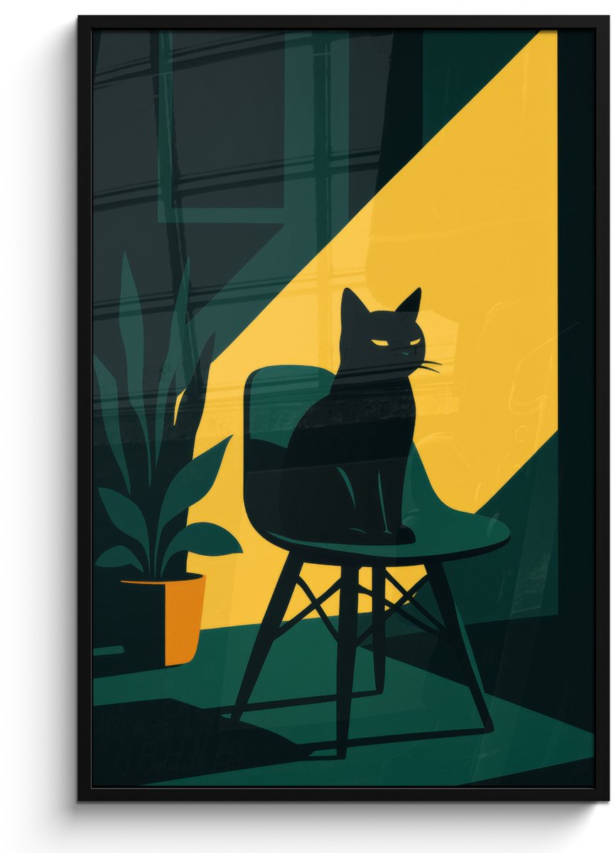 FrameYourWall Poster in lijst - Fotolijst 80x120 cm - Posters - Zwarte kat - Mysterieus - Gele instraal - Posterlijst zwart - Decoratie - Wanddecoratie woonkamer - Muurdecoratie slaapkamer