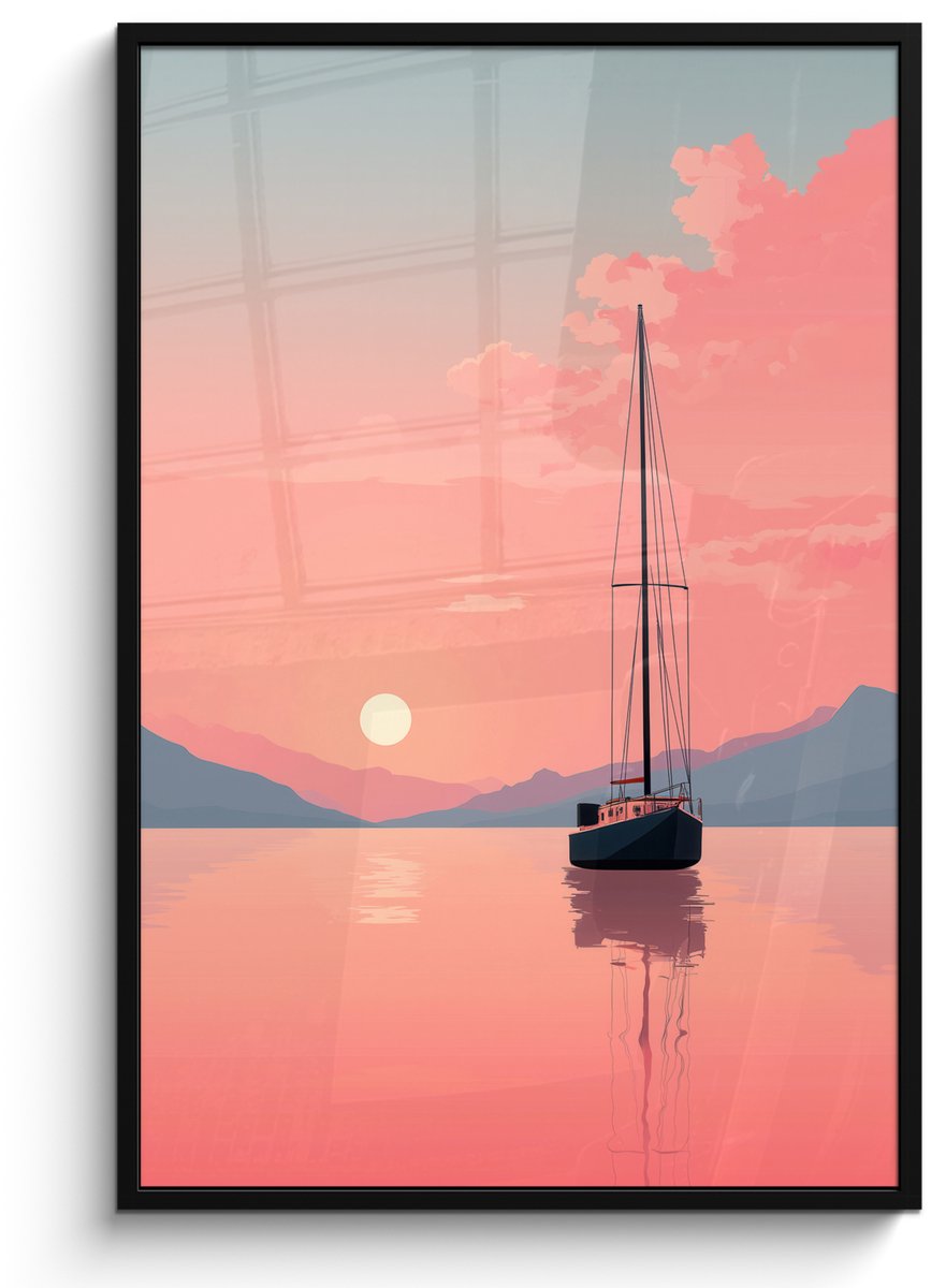 FrameYourWall Poster in lijst - Fotolijst 80x120 cm - Posters - Zeilboot - Roze zee - Zonsondergang - Bergen - Posterlijst zwart - Decoratie - Wanddecoratie woonkamer - Muurdecoratie slaapkamer Zeilboot - Zee - Bergen