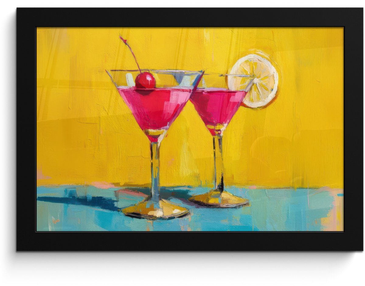 FrameYourWall Poster in lijst - Fotolijst 30x20 cm - Posters - Glazen - Cocktail - Citroen - Kers - Posterlijst zwart - Decoratie - Wanddecoratie woonkamer - Muurdecoratie slaapkamer