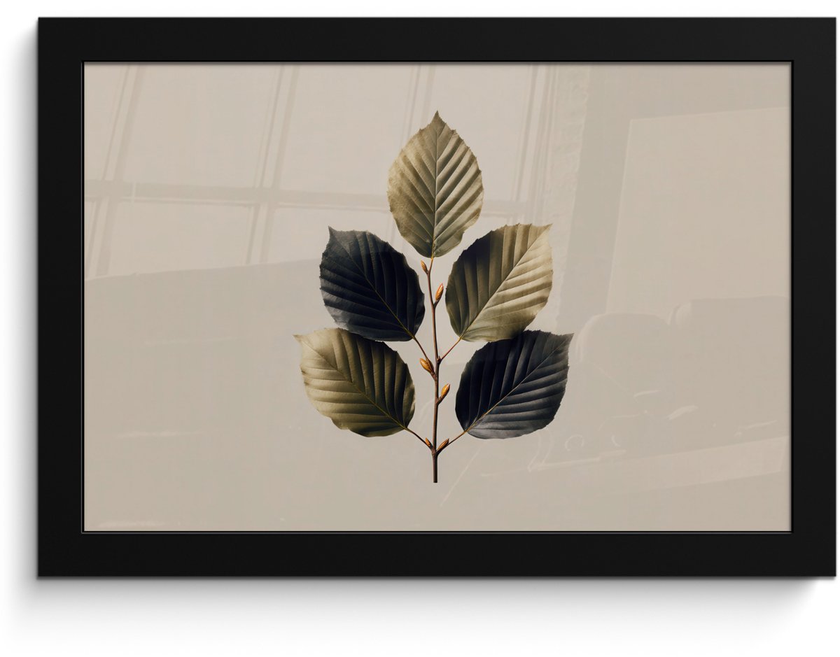 FrameYourWall Poster in lijst - Fotolijst 30x20 cm - Posters - Beukenbladeren - Bruin - Groen - neutraal - Posterlijst zwart - Decoratie - Wanddecoratie woonkamer - Muurdecoratie slaapkamer