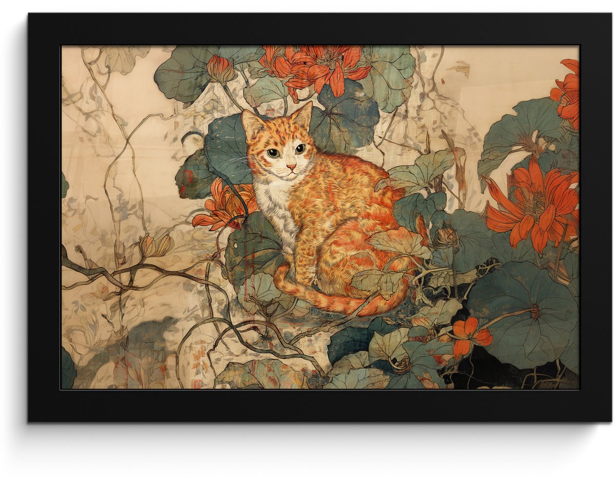 FrameYourWall Poster in lijst - Fotolijst 30x20 cm - Posters - Kat - Sierlijk - Bloemen - Posterlijst zwart - Decoratie - Wanddecoratie woonkamer - Muurdecoratie slaapkamer