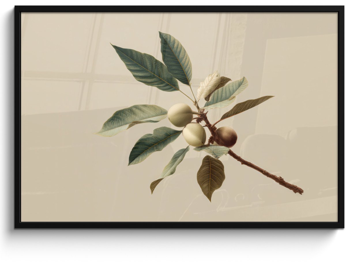 FrameYourWall Poster in lijst - Fotolijst 120x80 cm - Posters - Tak - Groene Bladeren - Vruchten - Posterlijst zwart - Decoratie - Wanddecoratie woonkamer - Muurdecoratie slaapkamer Tak - Bladeren - Vruchten