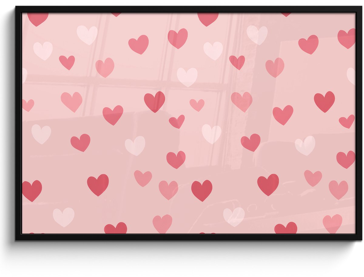FrameYourWall Poster in lijst - Fotolijst 120x80 cm - Posters - Hartjes - Patroon - Roze - Eenvoudig - Posterlijst zwart - Decoratie - Wanddecoratie woonkamer - Muurdecoratie slaapkamer