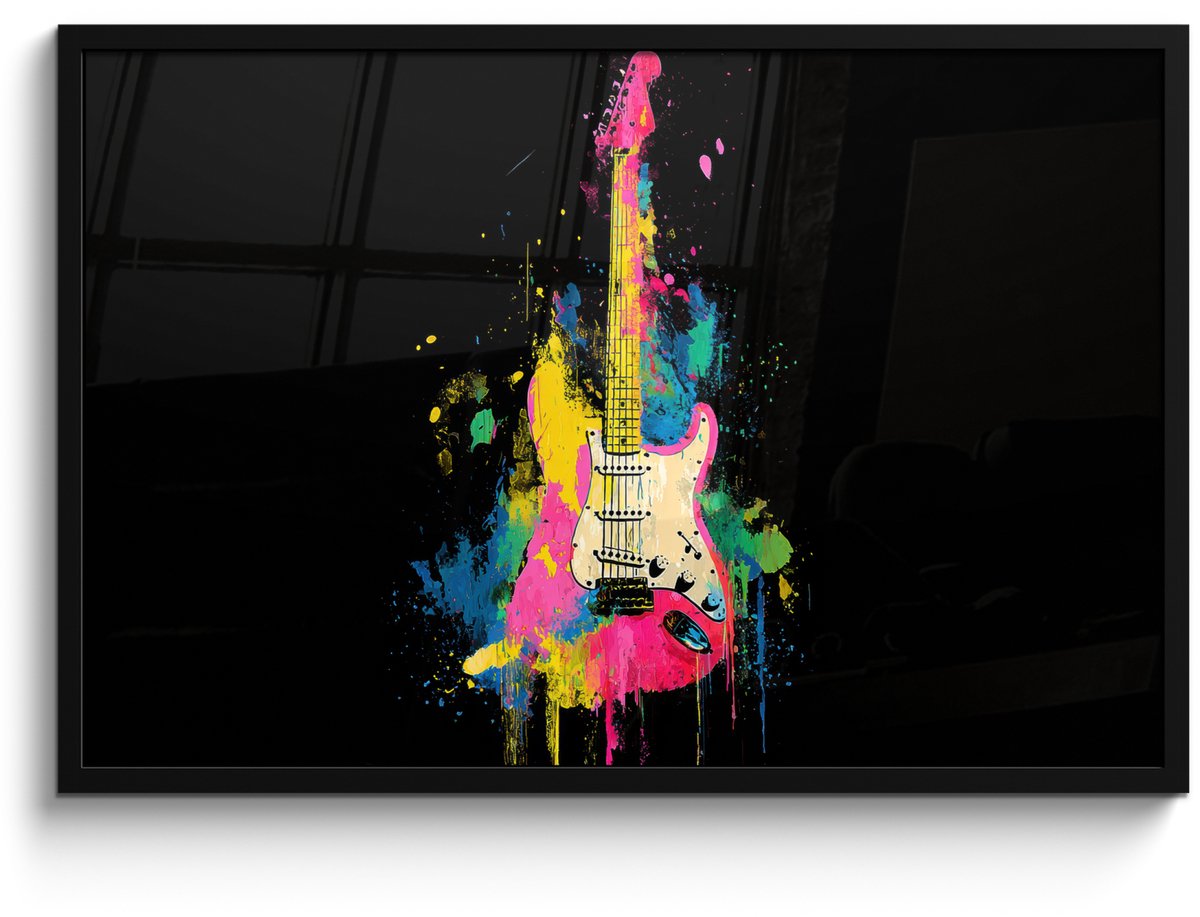 FrameYourWall Poster in lijst - Fotolijst 90x60 cm - Posters - Gitaar - Kleurrijk - Verf - Posterlijst zwart - Decoratie - Wanddecoratie woonkamer - Muurdecoratie slaapkamer