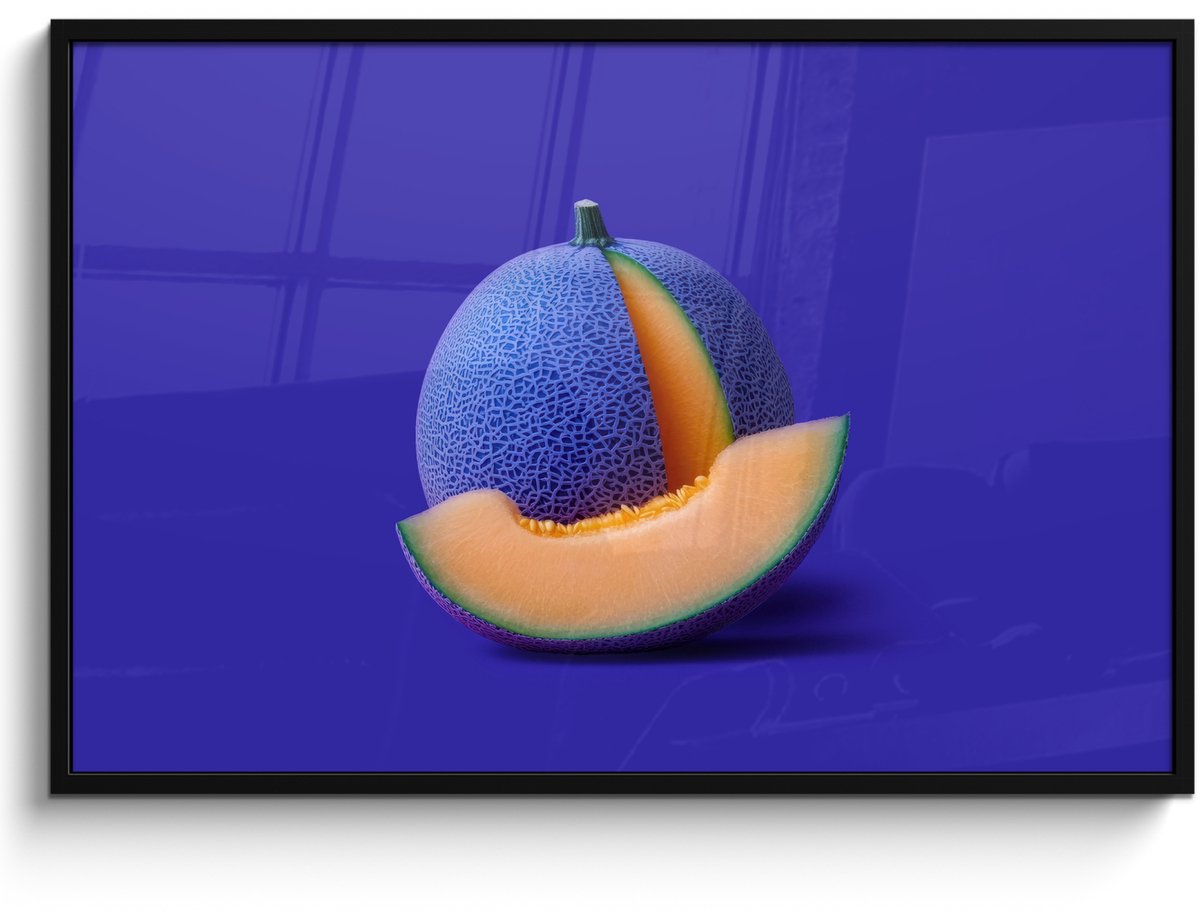 FrameYourWall Poster in lijst - Fotolijst 120x80 cm - Posters - Meloen - Blauw - Oranje - Kunstzinnig - Posterlijst zwart - Decoratie - Wanddecoratie woonkamer - Muurdecoratie slaapkamer