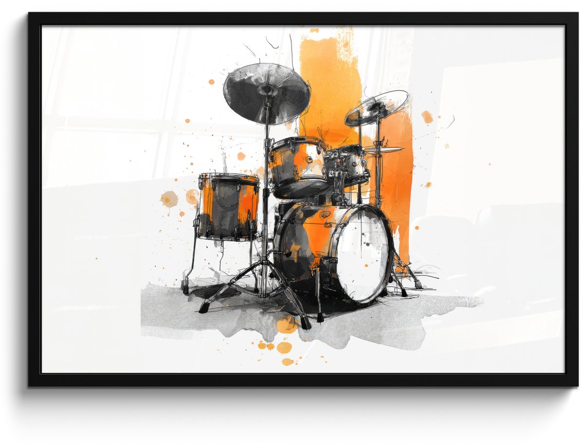 FrameYourWall Poster in lijst - Fotolijst 90x60 cm - Posters - Drumstel - Oranje - Zwart - Aquarelverf - Posterlijst zwart - Decoratie - Wanddecoratie woonkamer - Muurdecoratie slaapkamer