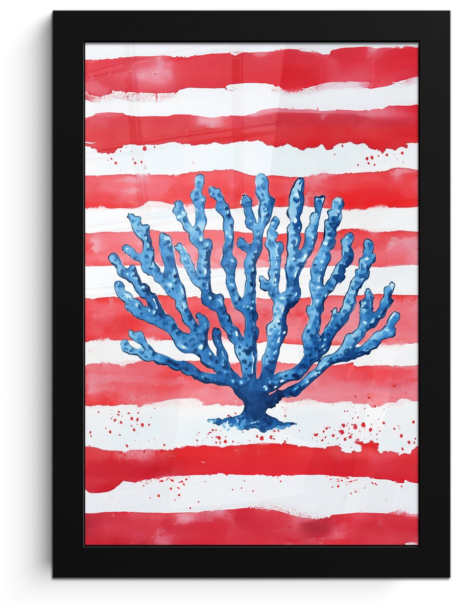 FrameYourWall Poster in lijst - Fotolijst 20x30 cm - Posters - Koraal - Verfstructuur - Rood - Blauw - Posterlijst zwart - Decoratie - Wanddecoratie woonkamer - Muurdecoratie slaapkamer Koraal - Strepen