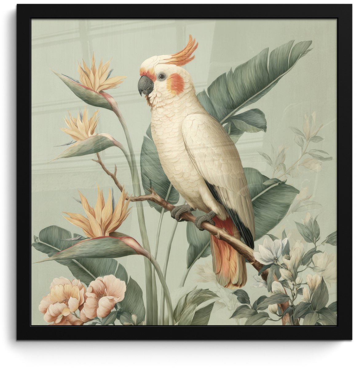 FrameYourWall Poster in lijst - Fotolijst 40x40 cm - Posters - Gele kuifkaketoe - paradijsvogelbloemen - Groen - Posterlijst zwart - Decoratie - Wanddecoratie woonkamer - Muurdecoratie slaapkamer