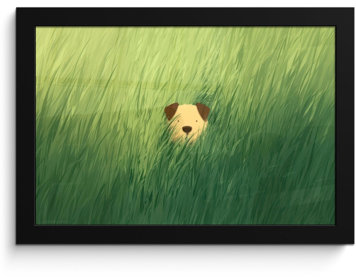 FrameYourWall Poster in lijst - Fotolijst 30x20 cm - Posters - Hondje - Gras - Oren - Bruin - Posterlijst zwart - Decoratie - Wanddecoratie woonkamer - Muurdecoratie slaapkamer - Kerstversiering - Kerstdecoratie voor binnen - Kerstmis