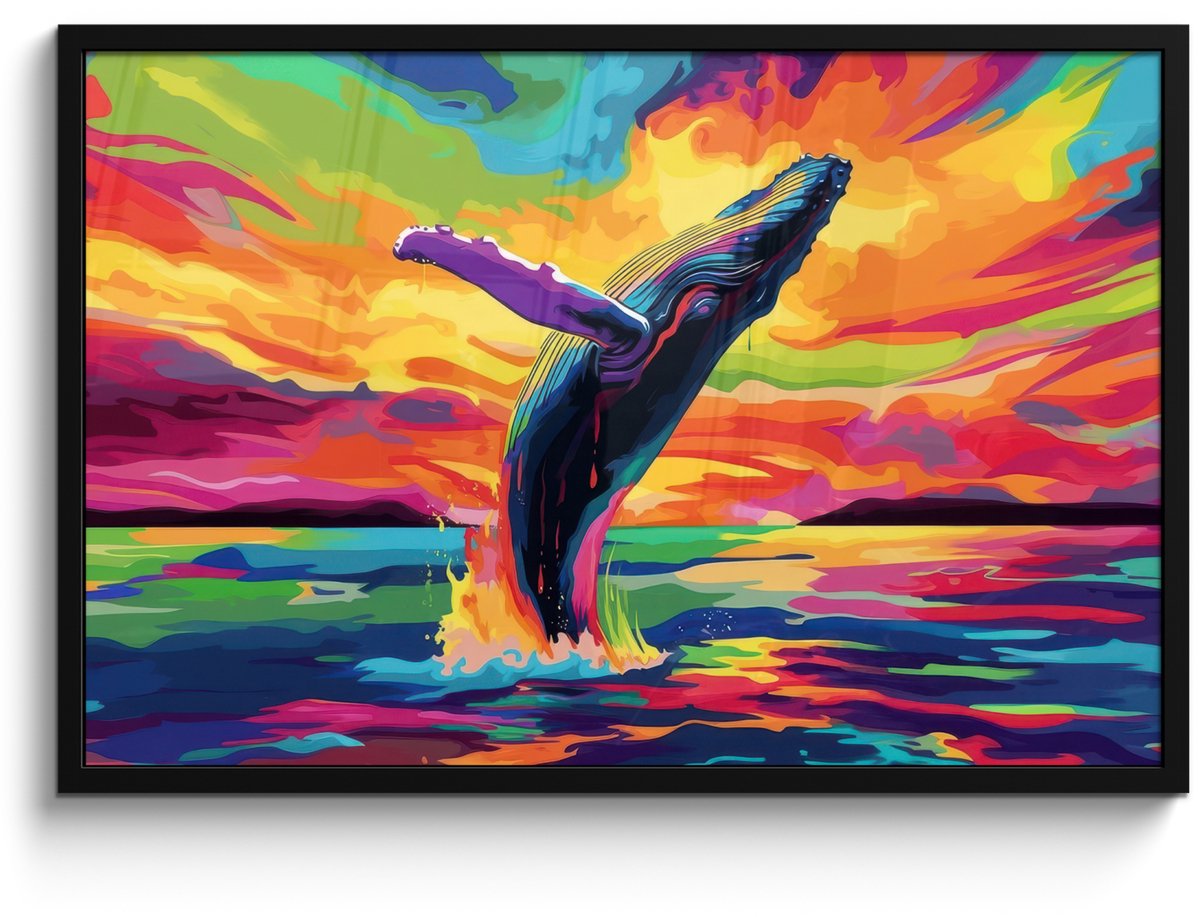 FrameYourWall Poster in lijst - Fotolijst 90x60 cm - Posters - Zonsondergang - Walvis - Geschilderd - Kleurrijk - Posterlijst zwart - Decoratie - Wanddecoratie woonkamer - Muurdecoratie slaapkamer Walvis - Kleurrijk