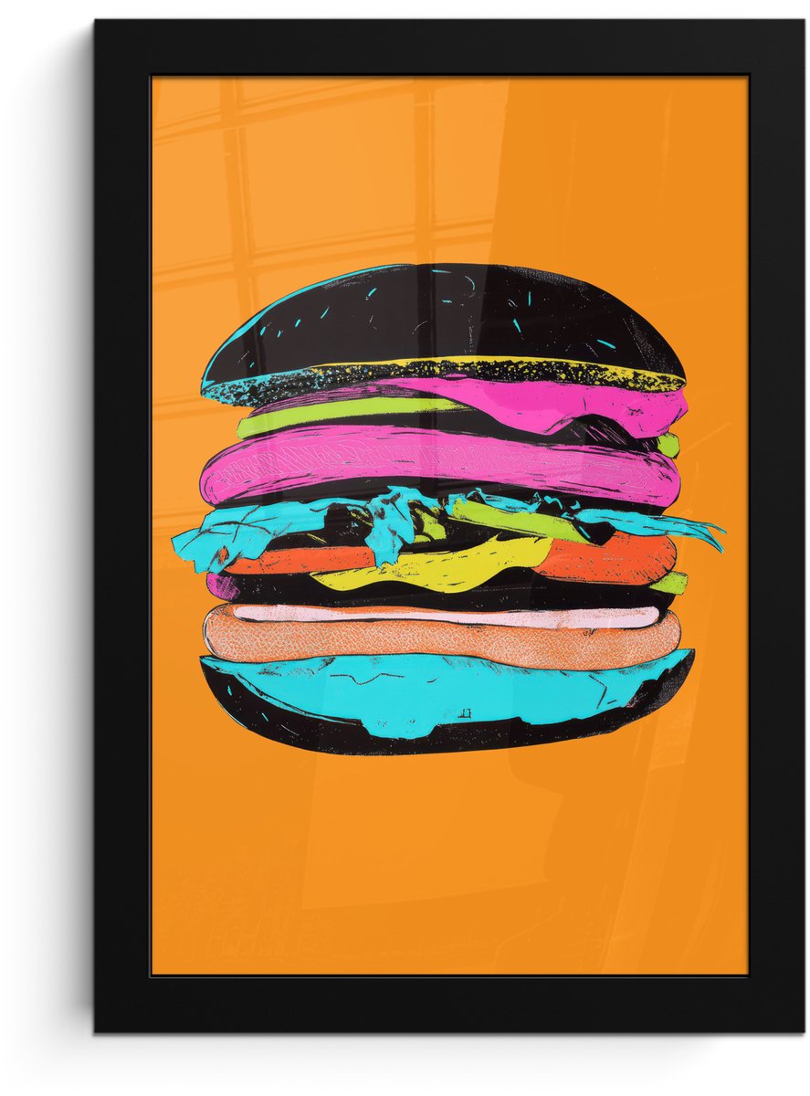 FrameYourWall Poster in lijst - Fotolijst 20x30 cm - Posters - Hamburger - Kleurrijk - Speels - Posterlijst zwart - Decoratie - Wanddecoratie woonkamer - Muurdecoratie slaapkamer