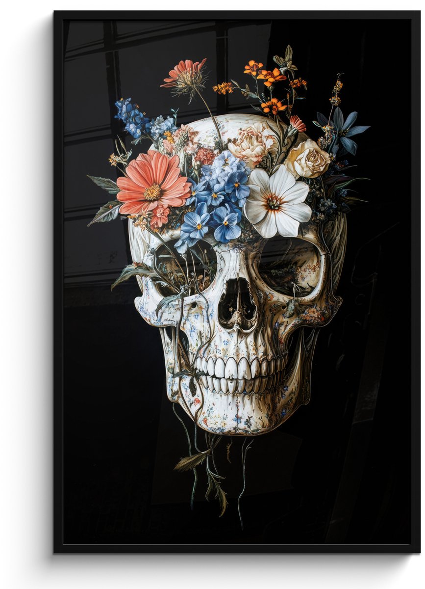 FrameYourWall Poster in lijst - Fotolijst 80x120 cm - Posters - Bloemen - Schedel - Kleurrijk - Posterlijst zwart - Decoratie - Wanddecoratie woonkamer - Muurdecoratie slaapkamer
