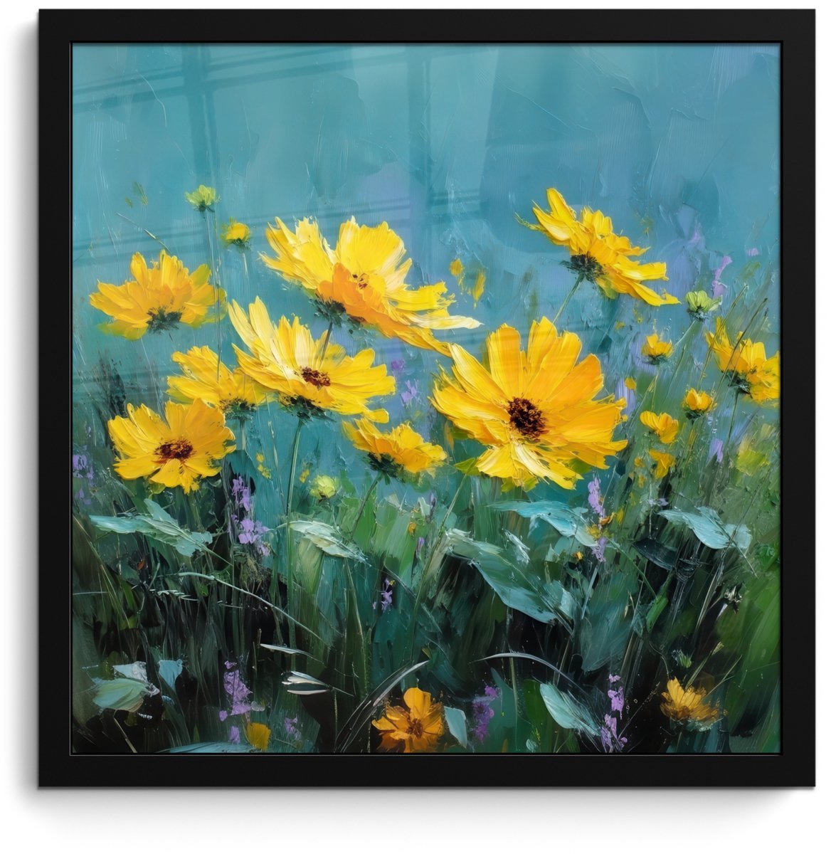 FrameYourWall Poster in lijst - Fotolijst 40x40 cm - Posters - Penseelstreken - Bloemen - Felgeel - Abstract - Posterlijst zwart - Decoratie - Wanddecoratie woonkamer - Muurdecoratie slaapkamer