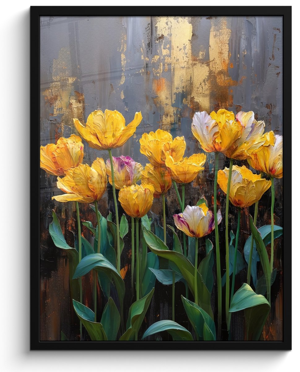 FrameYourWall Poster in lijst - Fotolijst 60x80 cm - Posters - Tulpen - Geel - Penseelstreken - Abstract - Posterlijst zwart - Decoratie - Wanddecoratie woonkamer - Muurdecoratie slaapkamer