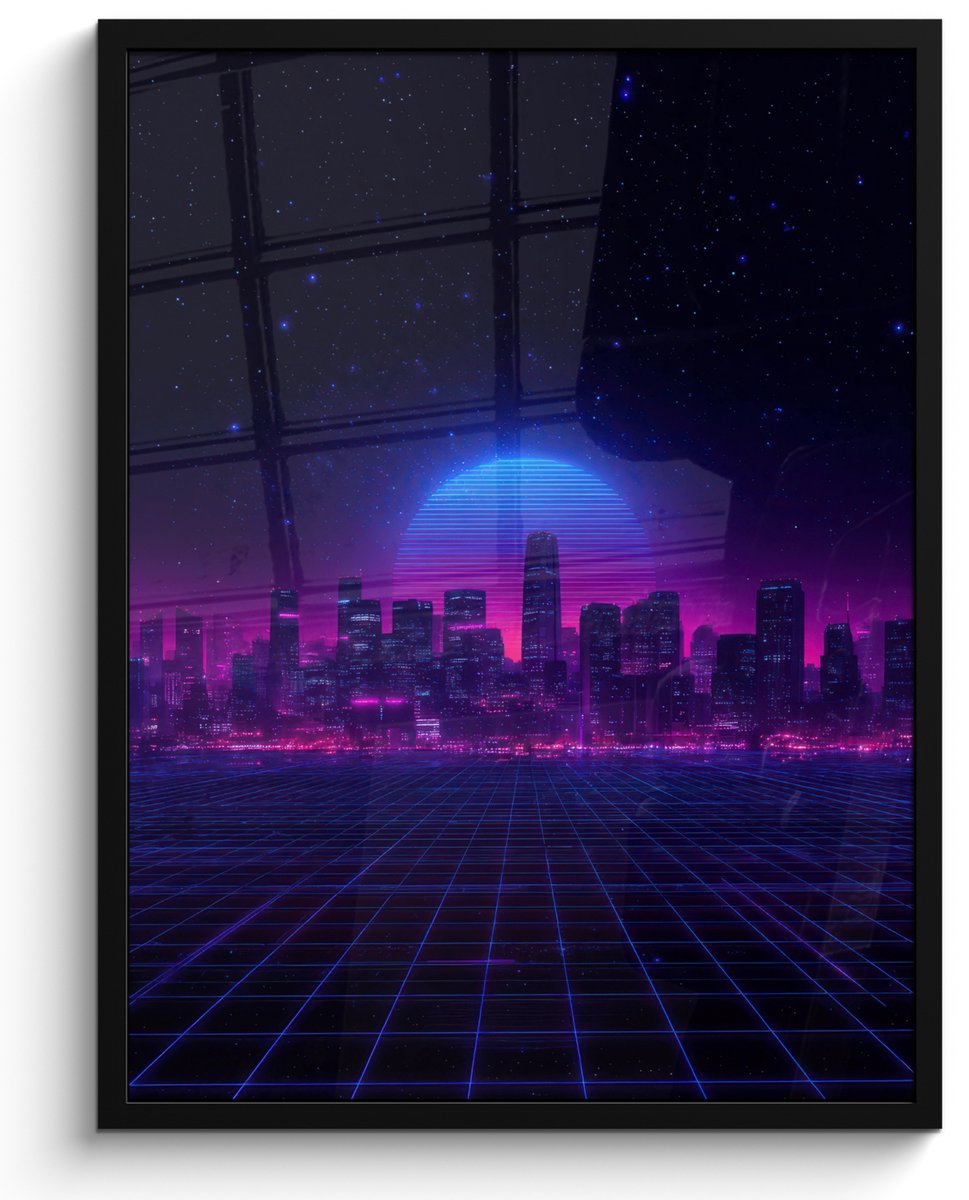 FrameYourWall Poster in lijst - Fotolijst 60x80 cm - Posters - Skyline - Zon - Neon - Rasterpatroon - Posterlijst zwart - Decoratie - Wanddecoratie woonkamer - Muurdecoratie slaapkamer Stad - Sterrenhemel - Neon