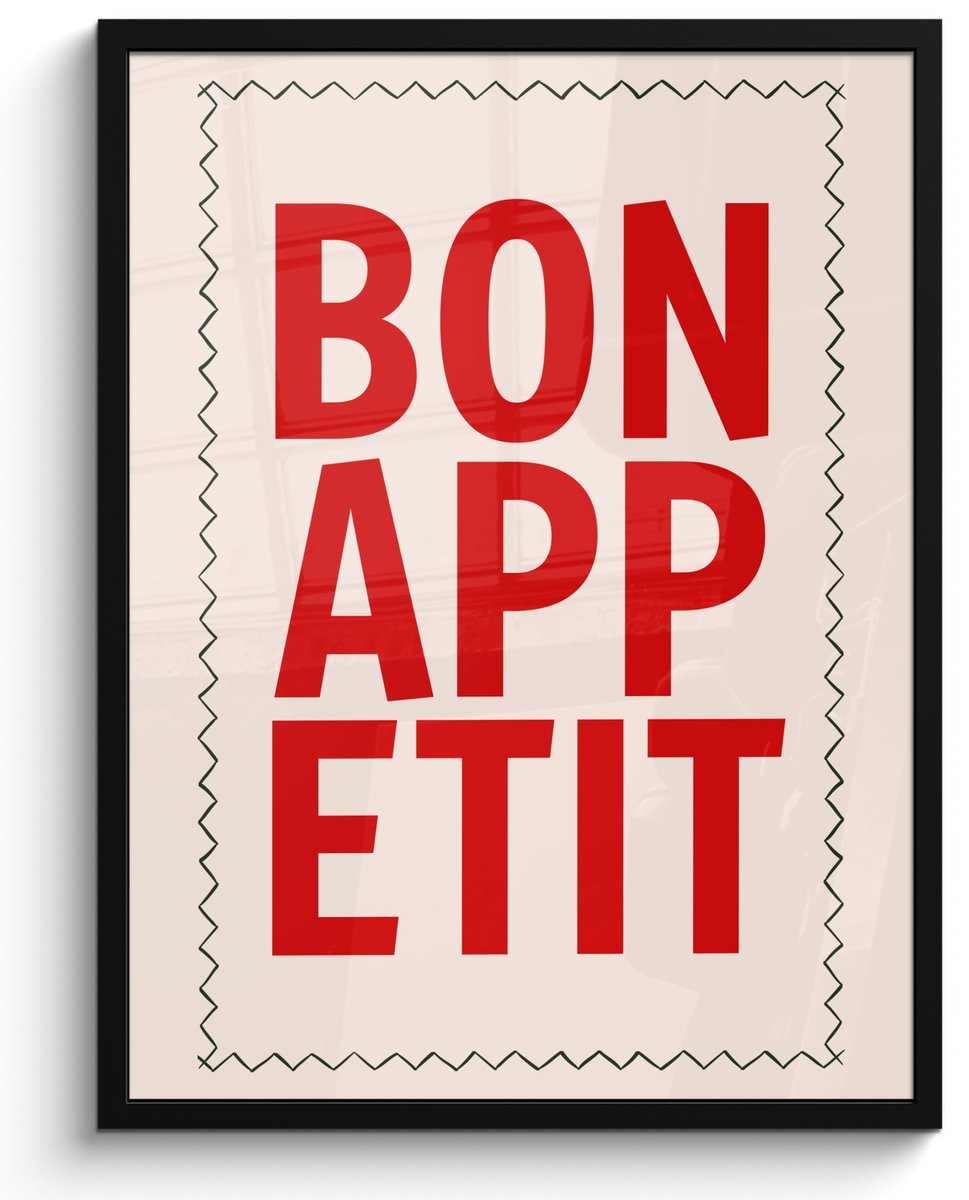 FrameYourWall Poster in lijst - Fotolijst 60x80 cm - Posters - Blokletters - Rood - Kartelrand - Posterlijst zwart - Decoratie - Wanddecoratie woonkamer - Muurdecoratie slaapkamer Blokletters - Bonappetit