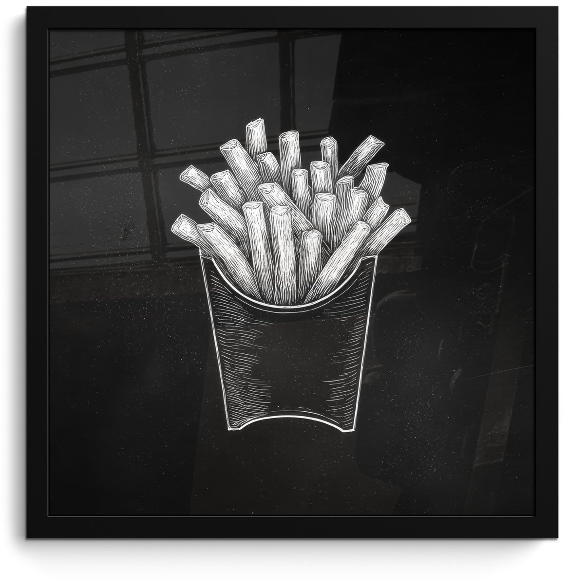 FrameYourWall Poster in lijst - Fotolijst 40x40 cm - Posters - Friet - Witte krijttekening - Zwart - Posterlijst zwart - Decoratie - Wanddecoratie woonkamer - Muurdecoratie slaapkamer