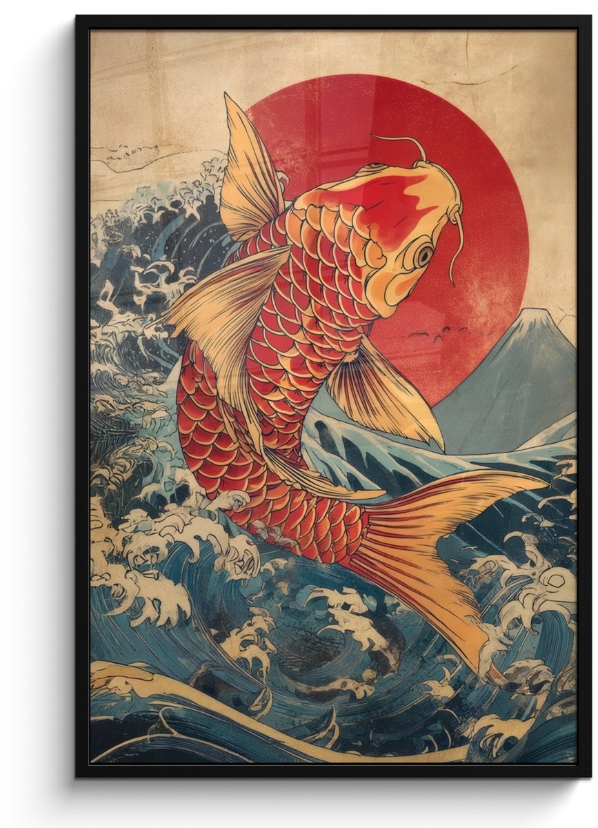 FrameYourWall Poster in lijst - Fotolijst 80x120 cm - Posters - Koi - Zee - Golven - Zon - Posterlijst zwart - Decoratie - Wanddecoratie woonkamer - Muurdecoratie slaapkamer