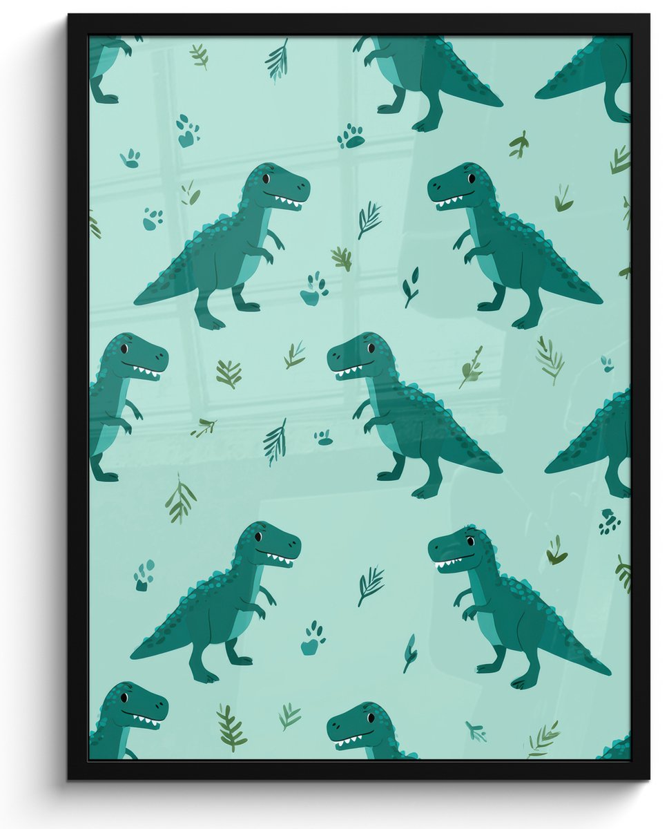 FrameYourWall Poster in lijst - Fotolijst 60x80 cm - Posters - Donkergroen - Dinosaurussen - Afdrukken - Bladeren - Posterlijst zwart - Decoratie - Wanddecoratie woonkamer - Muurdecoratie slaapkamer Dinosaurussen - Bladeren