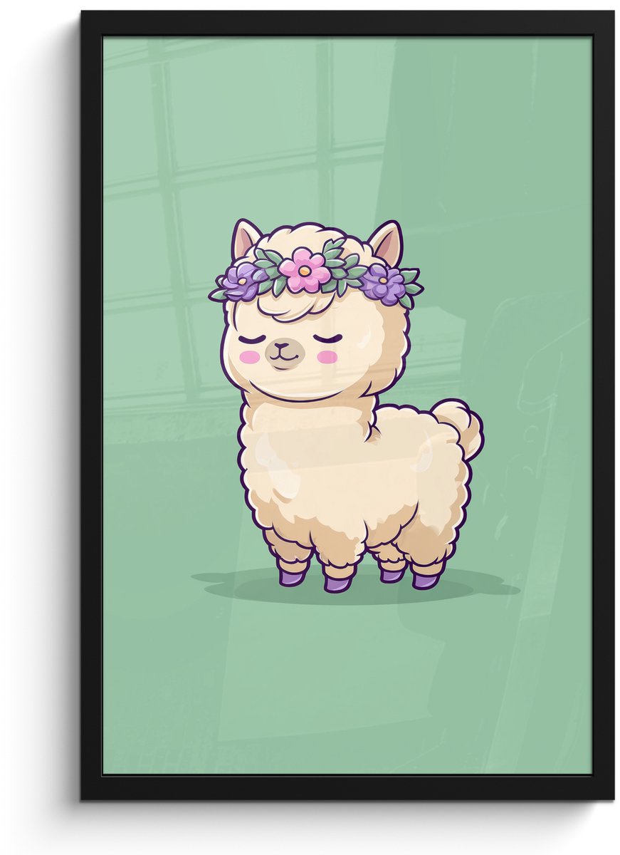 FrameYourWall Poster in lijst - Fotolijst 40x60 cm - Posters - Alpaca - Groen - Bloemendiadeem - Posterlijst zwart - Decoratie - Wanddecoratie woonkamer - Muurdecoratie slaapkamer
