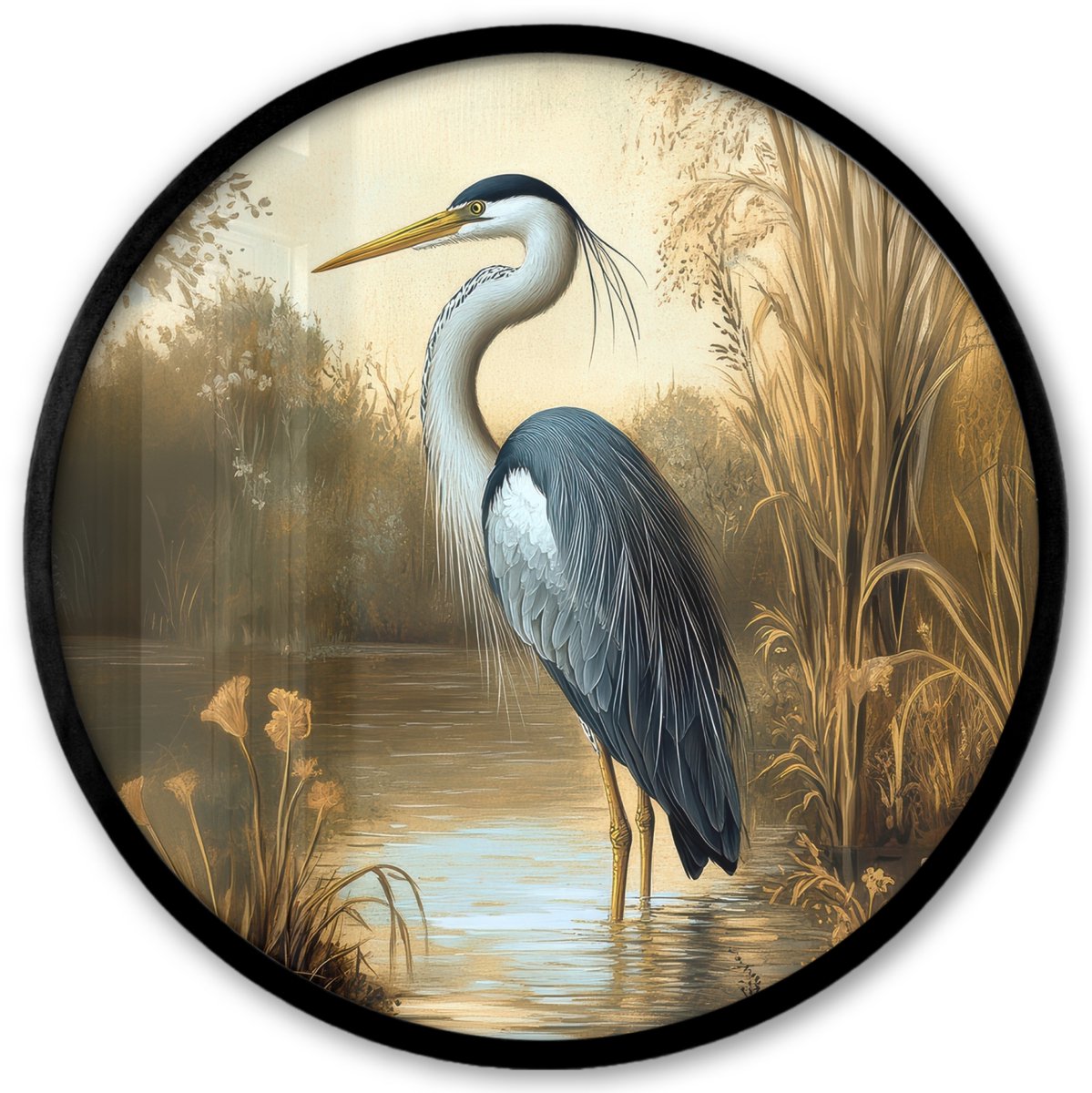 FrameYourWall Poster in lijst Rond - Fotolijst 40x40 cm - Posters - Reiger - Water - Planten - Ronde posterlijst zwart - Decoratie - Wanddecoratie woonkamer - Muurdecoratie slaapkamer Reiger - Planten