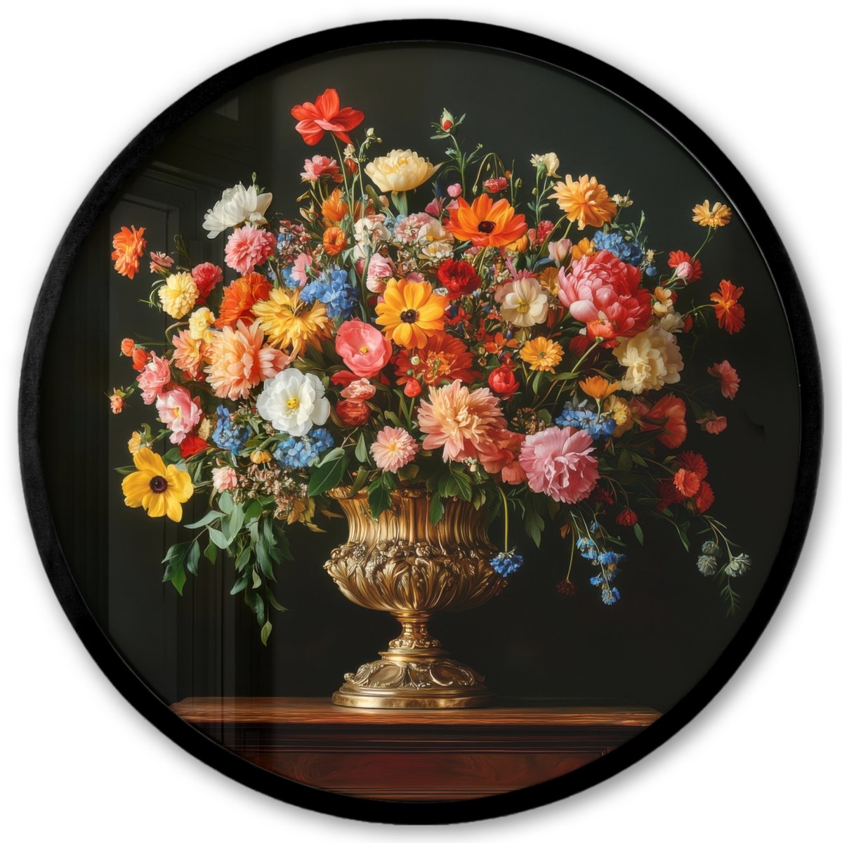 FrameYourWall Poster in lijst Rond - Fotolijst 40x40 cm - Posters - Goud - Bloemen - Kleuren - Vaas - Ronde posterlijst zwart - Decoratie - Wanddecoratie woonkamer - Muurdecoratie slaapkamer