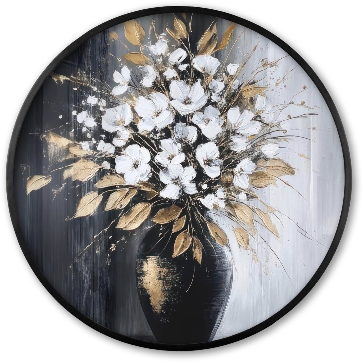 FrameYourWall Poster in lijst Rond - Fotolijst 60x60 cm - Posters - Bloemen - Wit - Vaas - Abstract - Ronde posterlijst zwart - Decoratie - Wanddecoratie woonkamer - Muurdecoratie slaapkamer Bloemen - Vaas - Abstract