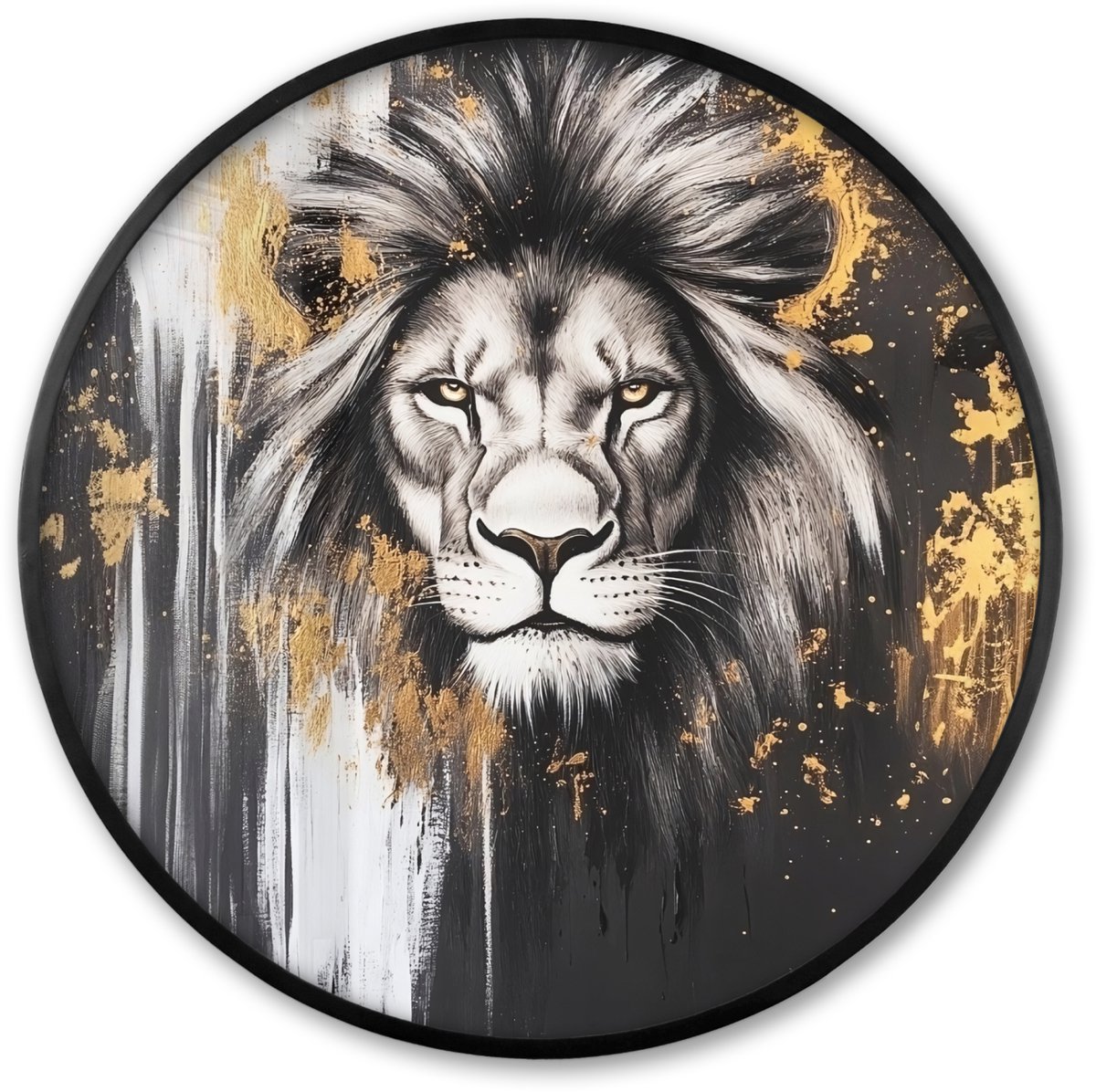FrameYourWall Poster in lijst Rond - Fotolijst 60x60 cm - Posters - Leeuw - Portret - Verfspatten - Grijs - Ronde posterlijst zwart - Decoratie - Wanddecoratie woonkamer - Muurdecoratie slaapkamer Leeuw - Verfspatten