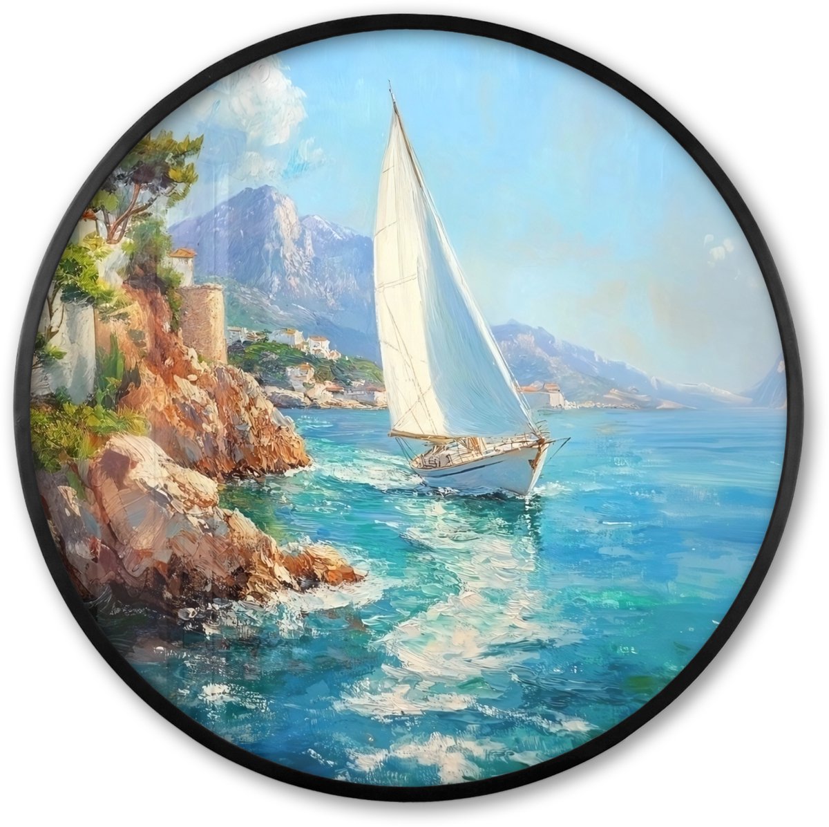 FrameYourWall Poster in lijst Rond - Fotolijst 60x60 cm - Posters - Zeilboot - Rotsen - Kust - Huizen - Ronde posterlijst zwart - Decoratie - Wanddecoratie woonkamer - Muurdecoratie slaapkamer Zeilboot - Huizen - Rotsen