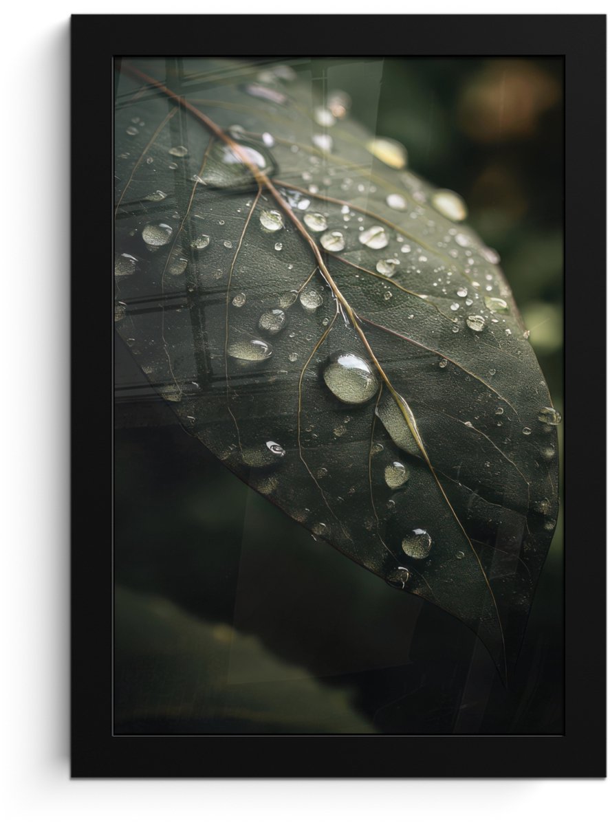 FrameYourWall Poster in lijst - Fotolijst 20x30 cm - Posters - Blad - Groen - Nerven - Regendruppels - Posterlijst zwart - Decoratie - Wanddecoratie woonkamer - Muurdecoratie slaapkamer