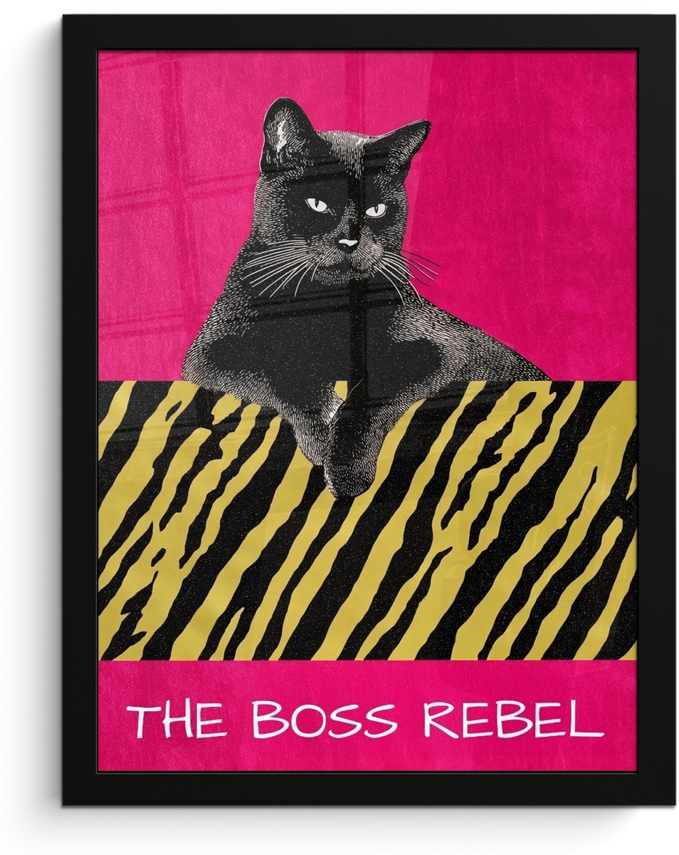 FrameYourWall Poster in lijst - Fotolijst 30x40 cm - Posters - Kat - Baas - Roze - Tijgerprint - Posterlijst zwart - Decoratie - Wanddecoratie woonkamer - Muurdecoratie slaapkamer Kat - Tekst