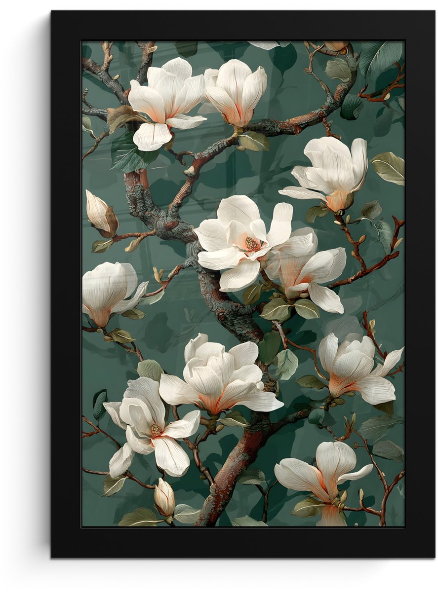 FrameYourWall Poster in lijst - Fotolijst 20x30 cm - Posters - Bloemen - Takken - Wit - Klassiek - Posterlijst zwart - Decoratie - Wanddecoratie woonkamer - Muurdecoratie slaapkamer