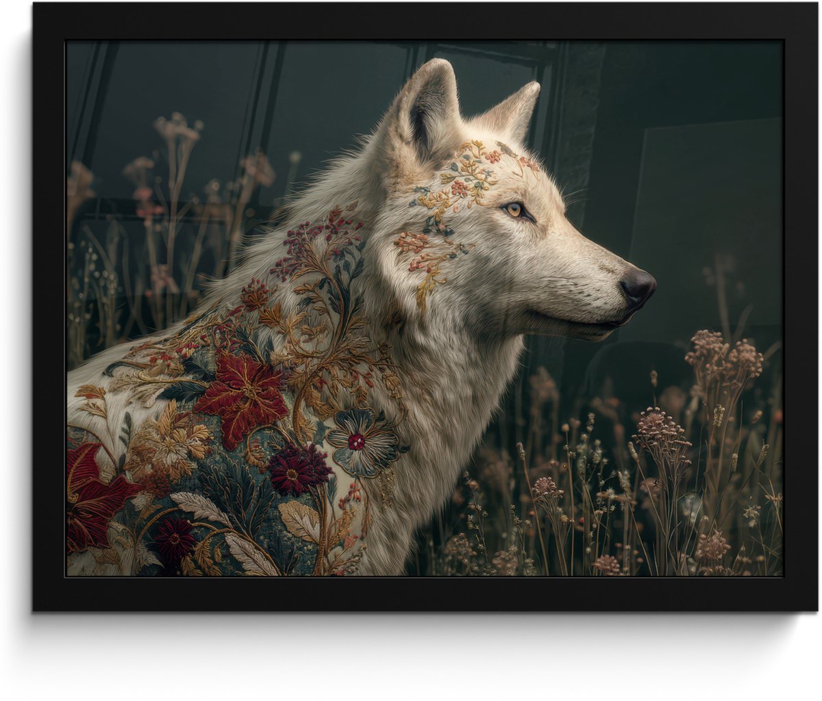 FrameYourWall Poster in lijst - Fotolijst 40x30 cm - Posters - Wolf - Bloemen - Natuur - Posterlijst zwart - Decoratie - Wanddecoratie woonkamer - Muurdecoratie slaapkamer