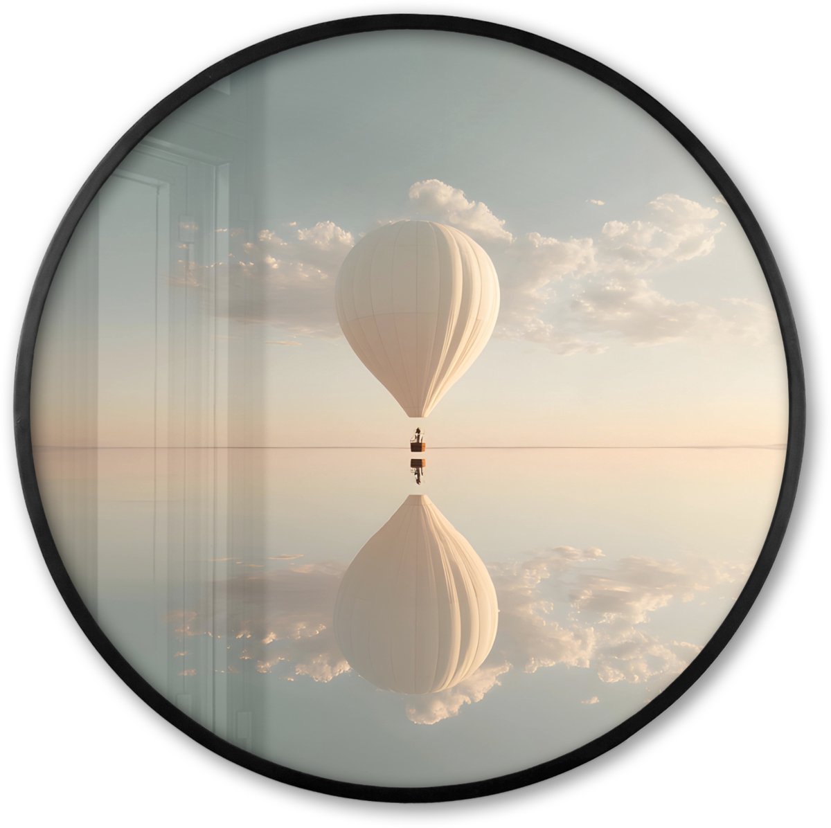 FrameYourWall Poster in lijst Rond - Fotolijst 80x80 cm - Posters - Luchtballon - Wolken - Water - Blauw - Ronde posterlijst zwart - Decoratie - Wanddecoratie woonkamer - Muurdecoratie slaapkamer