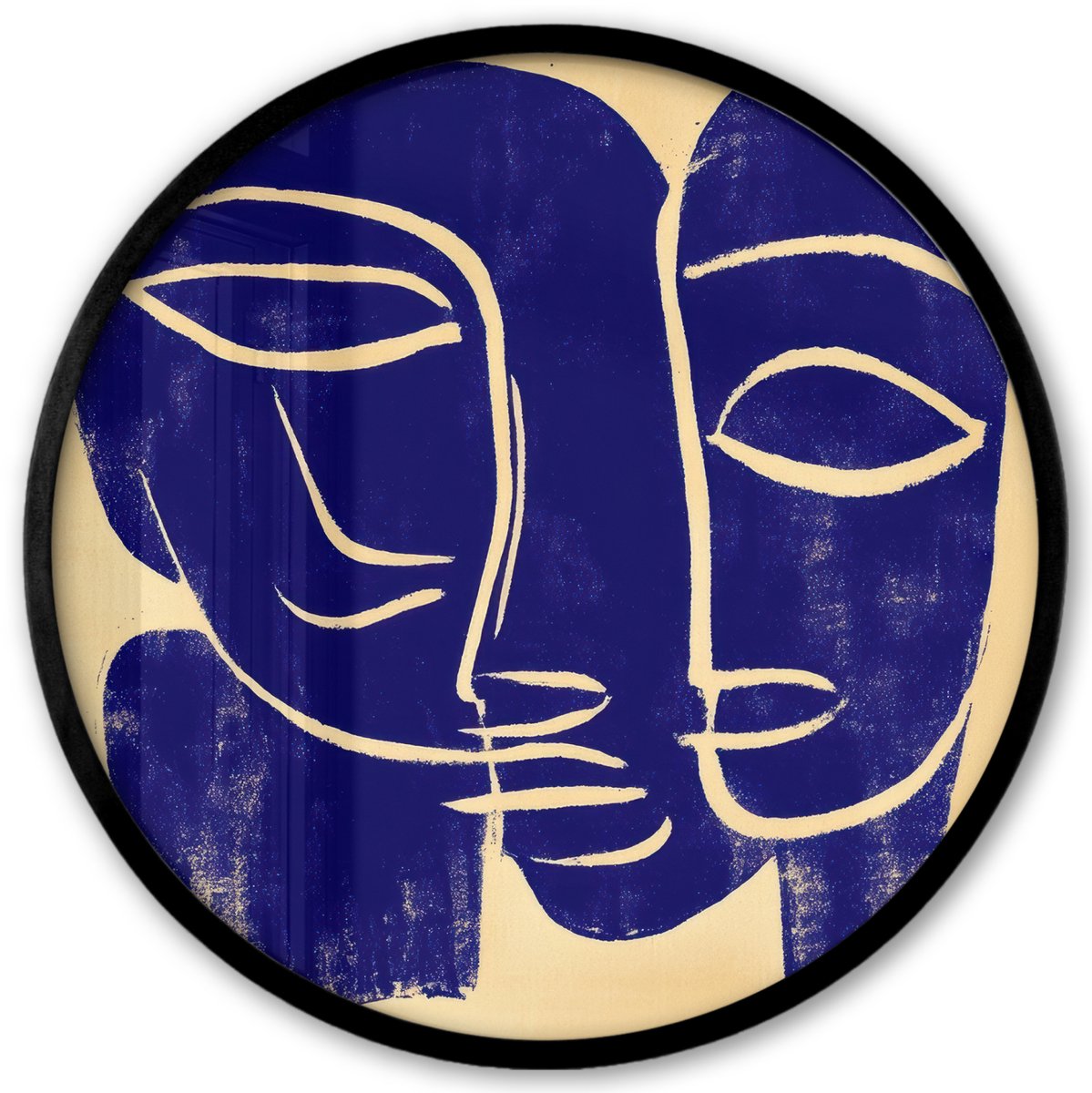 FrameYourWall Poster in lijst Rond - Fotolijst 40x40 cm - Posters - Okergeel - Blauw - Eenvoudige lijnen - Ronde posterlijst zwart - Decoratie - Wanddecoratie woonkamer - Muurdecoratie slaapkamer Lijnen - Gezichten