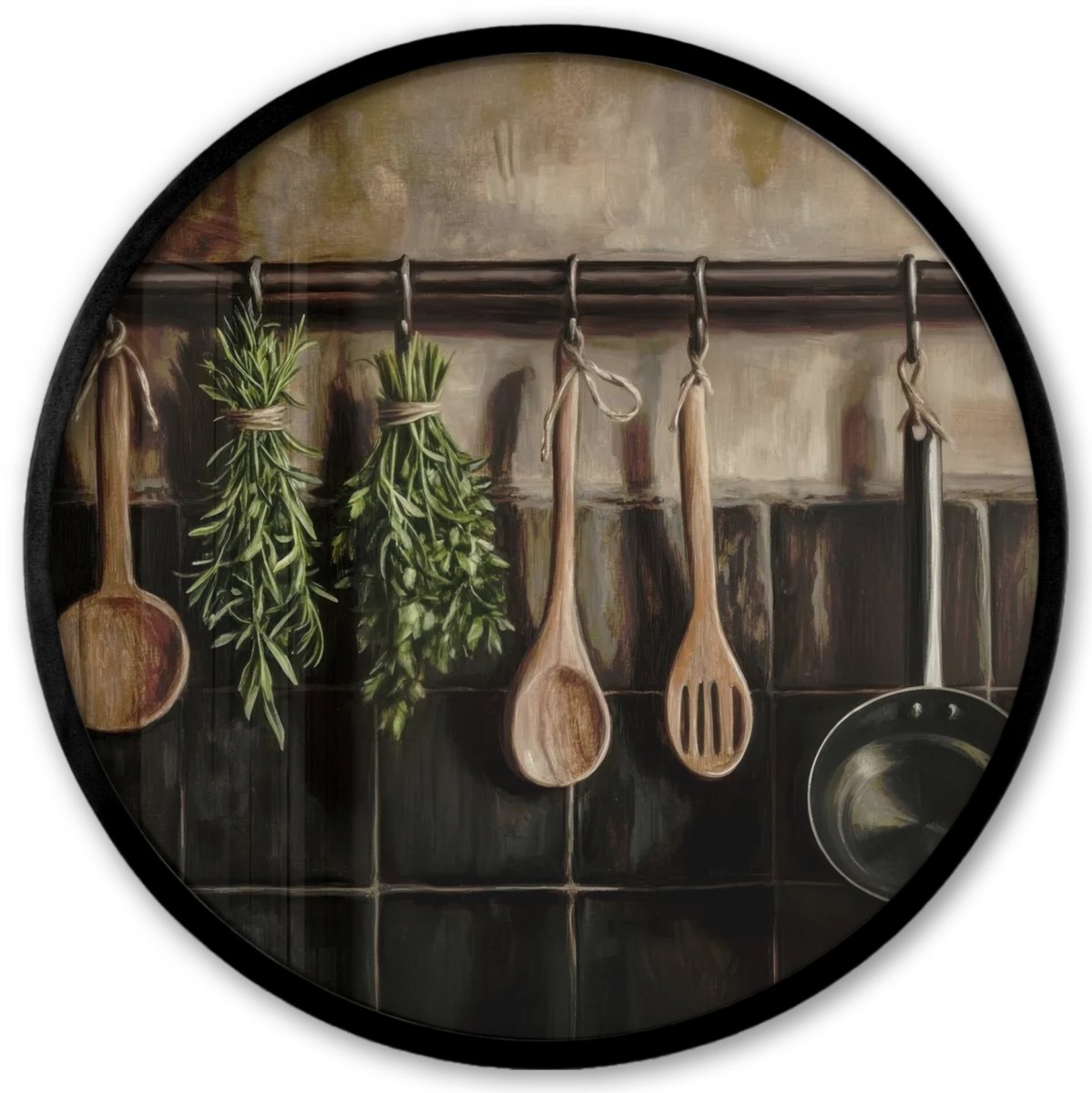 FrameYourWall Poster in lijst Rond - Fotolijst 40x40 cm - Posters - Keukengerei - Rustiek - Tegels - Kruiden - Ronde posterlijst zwart - Decoratie - Wanddecoratie woonkamer - Muurdecoratie slaapkamer Keukengerei - Stilleven