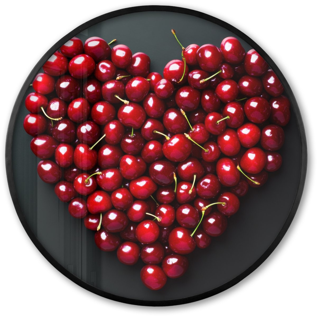 FrameYourWall Poster in lijst Rond - Fotolijst 60x60 cm - Posters - Kersen - Hart - Rood - Zwart - Ronde posterlijst zwart - Decoratie - Wanddecoratie woonkamer - Muurdecoratie slaapkamer