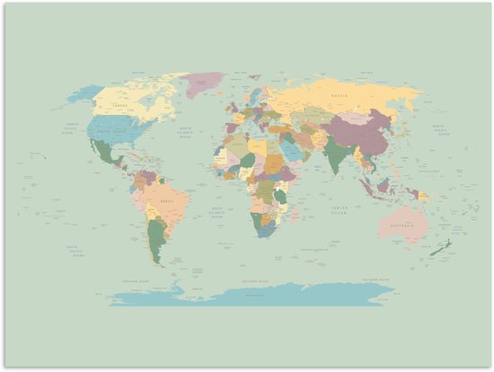 Carte du monde colorée avec tous les pays indiqués, y compris les noms des océans et des pays. L'arrière-plan est vert clair.