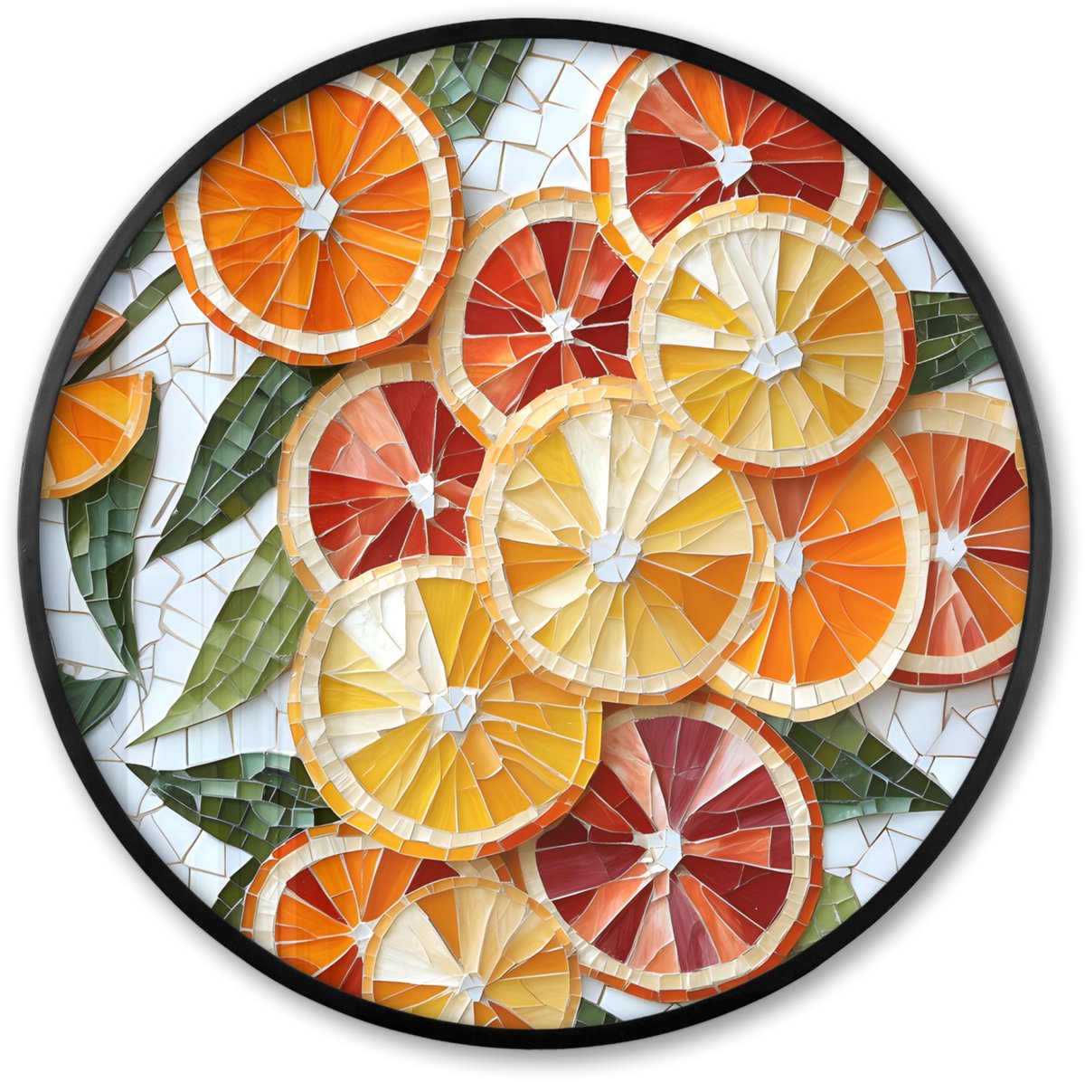 FrameYourWall Poster in lijst Rond - Fotolijst 80x80 cm - Posters - Schijfjes - Fruit - Oranje - Mozaïek - Ronde posterlijst zwart - Decoratie - Wanddecoratie woonkamer - Muurdecoratie slaapkamer Citrusvruchten - Schijfjes