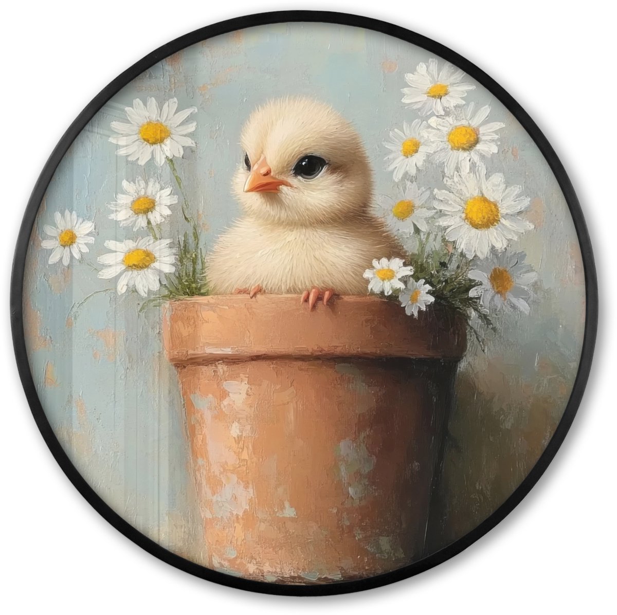 FrameYourWall Poster in lijst Rond - Fotolijst 60x60 cm - Posters - Bloempot - Kuiken - Bloemetjes - Ronde posterlijst zwart - Decoratie - Wanddecoratie woonkamer - Muurdecoratie slaapkamer