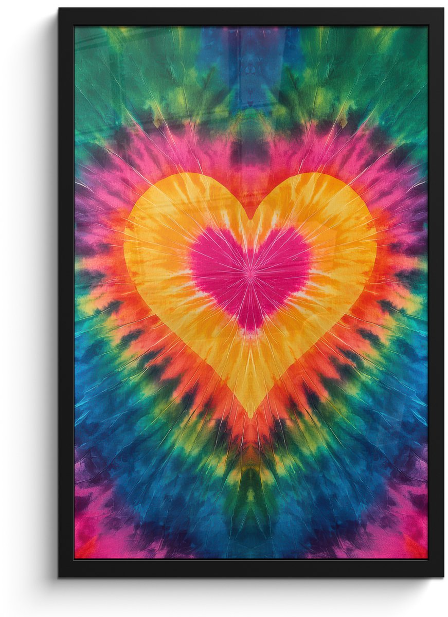 FrameYourWall Poster in lijst - Fotolijst 40x60 cm - Posters - Hart - Tie Dye - Kleurrijk - Posterlijst zwart - Decoratie - Wanddecoratie woonkamer - Muurdecoratie slaapkamer Multicolor