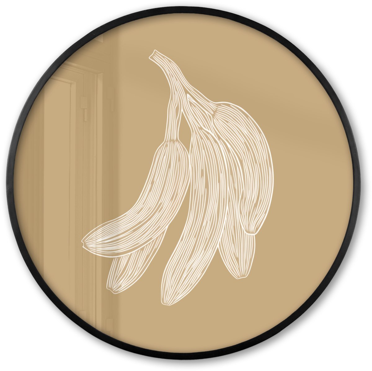 FrameYourWall Poster in lijst Rond - Fotolijst 80x80 cm - Posters - Bananen - Beige - Lijntekening - Minimalistisch - Ronde posterlijst zwart - Decoratie - Wanddecoratie woonkamer - Muurdecoratie slaapkamer