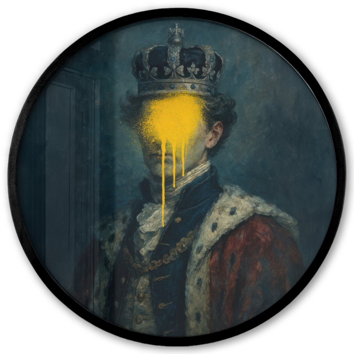 FrameYourWall Poster in lijst Rond - Fotolijst 40x40 cm - Posters - Koning - Portret - Druipende gele verf - Ronde posterlijst zwart - Decoratie - Wanddecoratie woonkamer - Muurdecoratie slaapkamer Koning - Portret - Verf