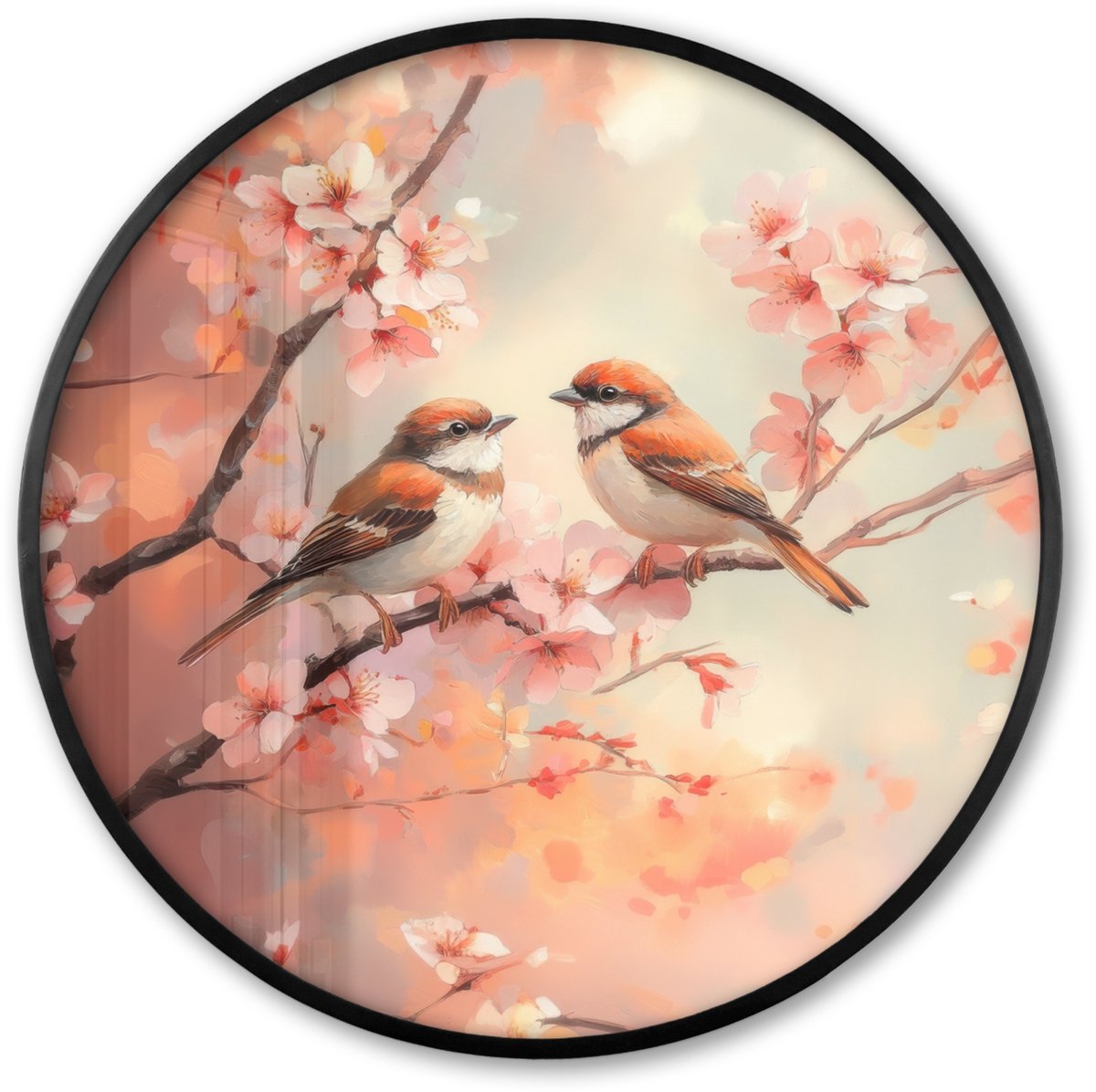 FrameYourWall Poster in lijst Rond - Fotolijst 60x60 cm - Posters - Vogels - Romantic - Bloesemtak - Ronde posterlijst zwart - Decoratie - Wanddecoratie woonkamer - Muurdecoratie slaapkamer Vogels - Bloesemtak