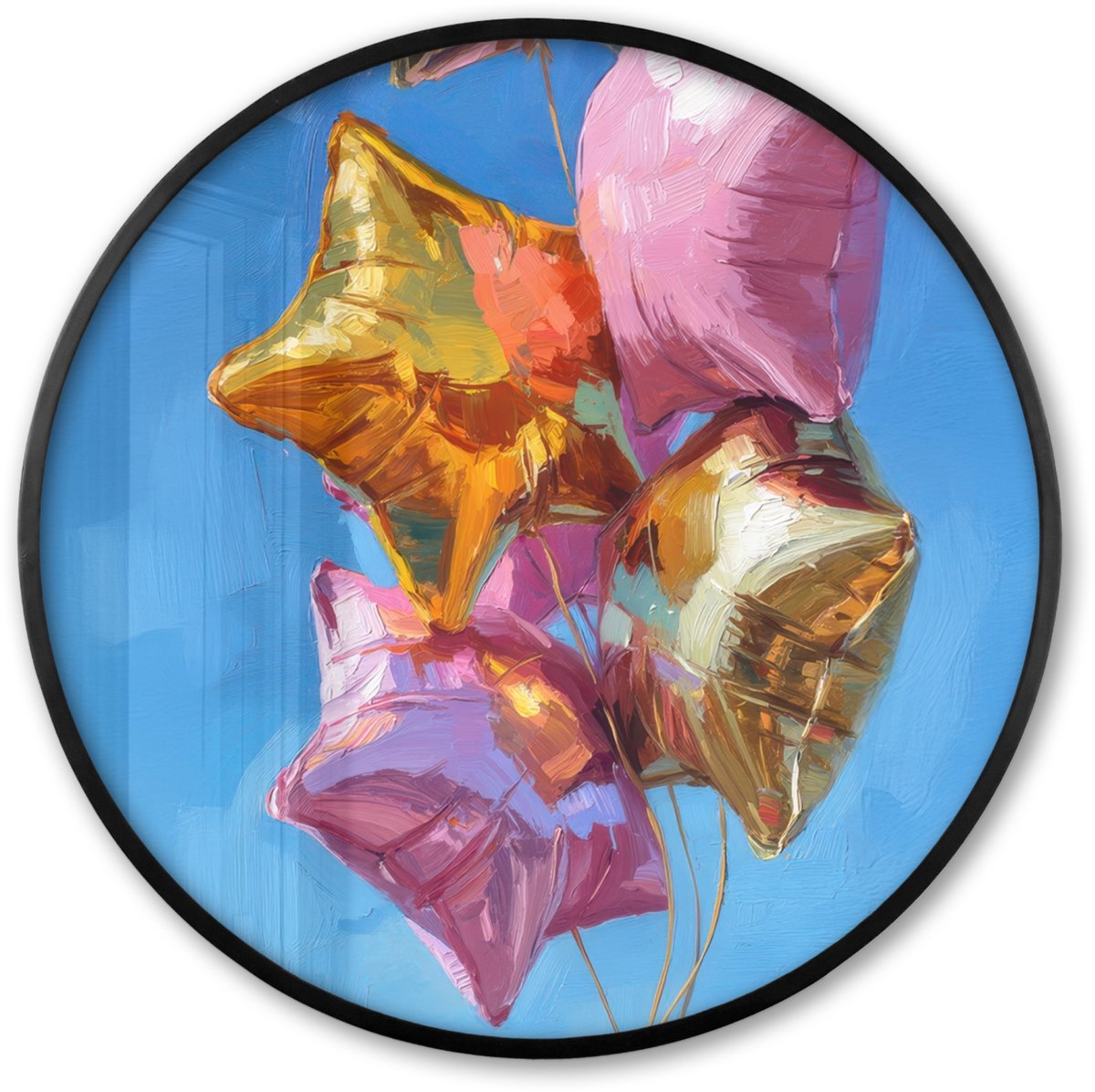 FrameYourWall Poster in lijst Rond - Fotolijst 60x60 cm - Posters - Ballonnen - Goud - Stervorm - Roze - Ronde posterlijst zwart - Decoratie - Wanddecoratie woonkamer - Muurdecoratie slaapkamer