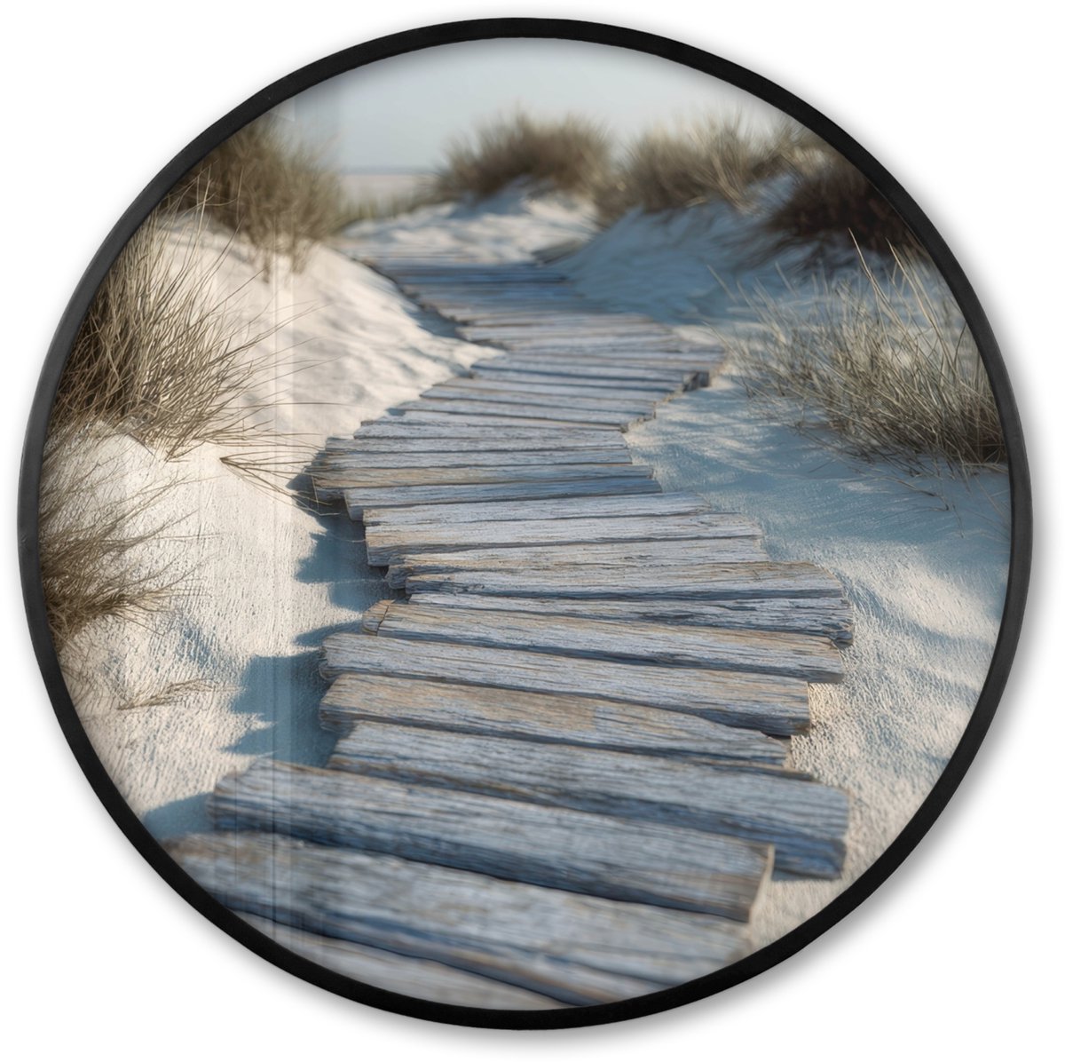 FrameYourWall Poster in lijst Rond - Fotolijst 60x60 cm - Posters - Pad - Planken - Duinen - Gras - Ronde posterlijst zwart - Decoratie - Wanddecoratie woonkamer - Muurdecoratie slaapkamer Pad - Duinen