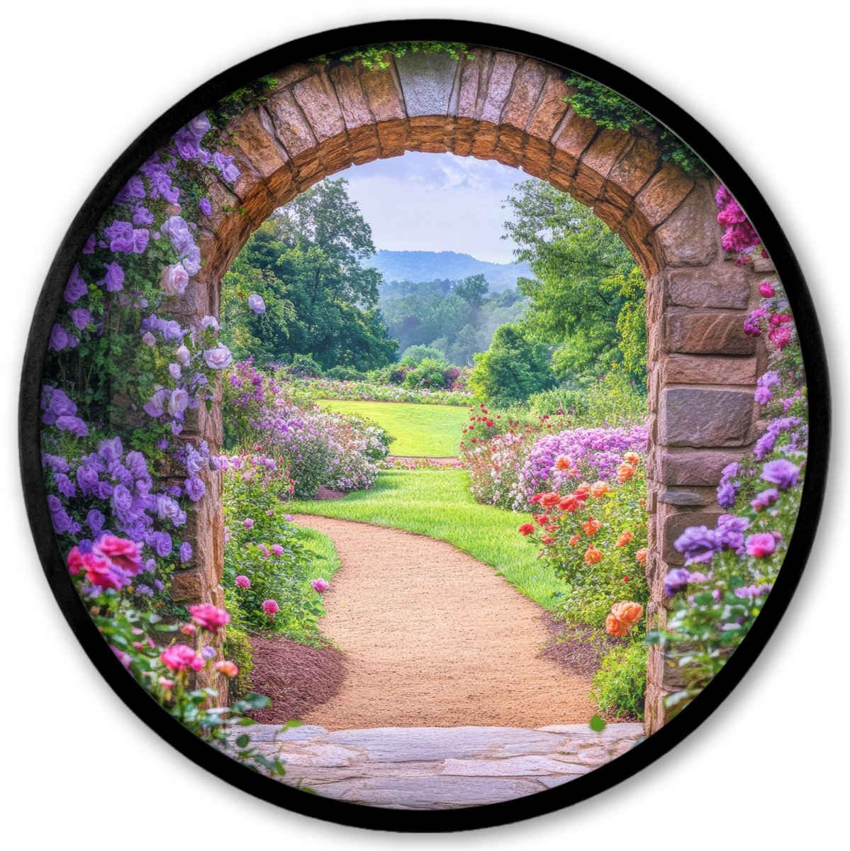 FrameYourWall Poster in lijst Rond - Fotolijst 40x40 cm - Posters - Doorkijk - Poort - Bloemen - Tuin - Ronde posterlijst zwart - Decoratie - Wanddecoratie woonkamer - Muurdecoratie slaapkamer